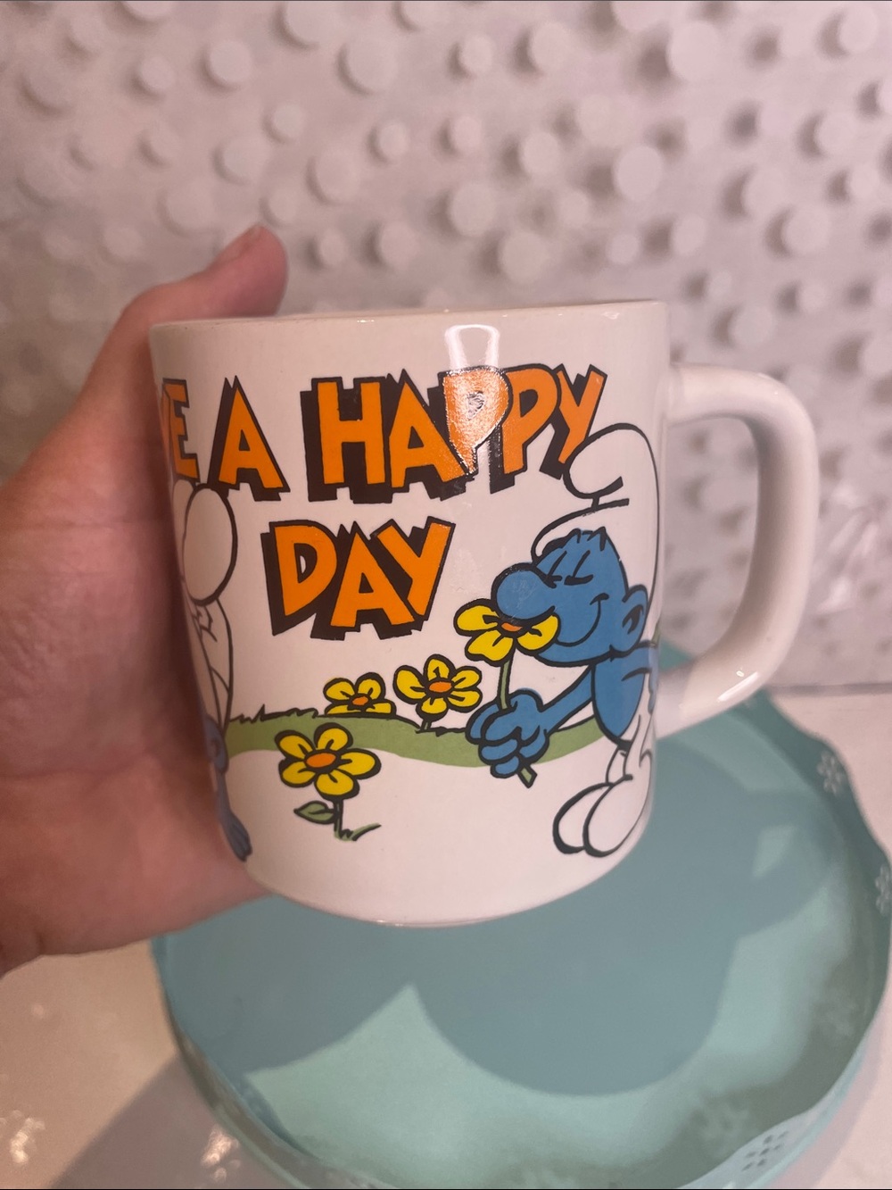 Vintage 1981 Ganz Smurf 🌻’Have a Happy Day' Ceramic Mug